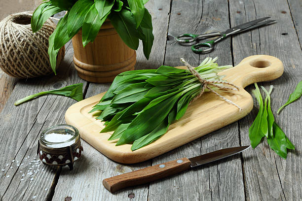 Ramson or wild garlic on a cutting board Ramson or wild garlic on a cutting board on a gray table wild garlic leaves stock pictures, royalty-free photos & images