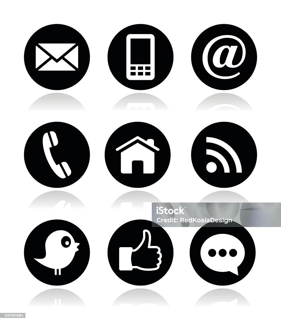 Contact, web, blog and social media round icons Social media, contact page circle black icons set with shadow isolated on white Symbol stock vector