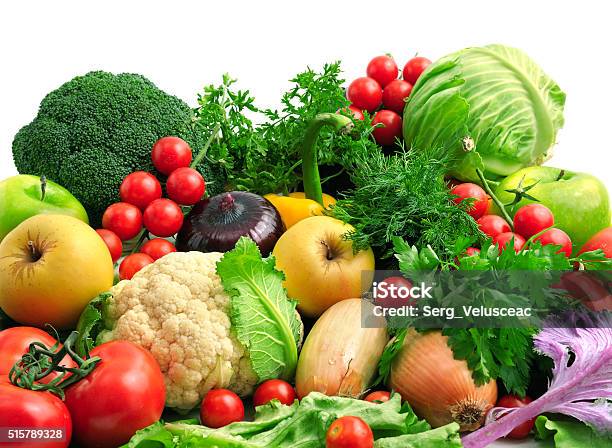 Fresh Fruits And Vegetables Stock Photo - Download Image Now - Fruit, Vegetable, White Background