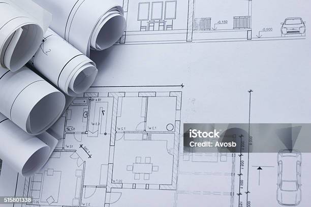 Architect Worplace Top View Architectural Project Blueprints Blueprint Rolls On Stock Photo - Download Image Now