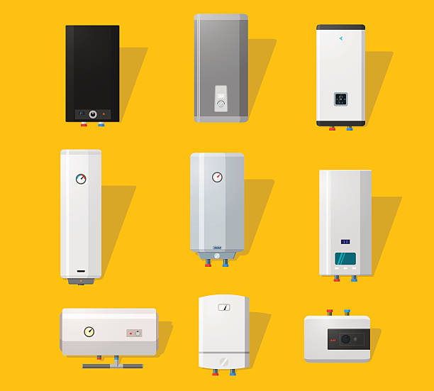 Boiler flat icons Boiler icons set in detailed flat style. Modern and classic, slim and designer boilers. Efficient house concept. electric heater stock illustrations