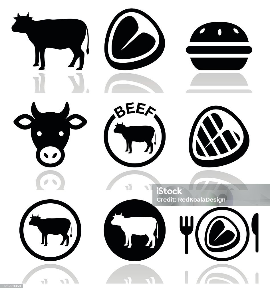 Beef meat, cow vector icon set Food icons set - beef, BBQ, restaurant isolated on white  Icon Symbol stock vector