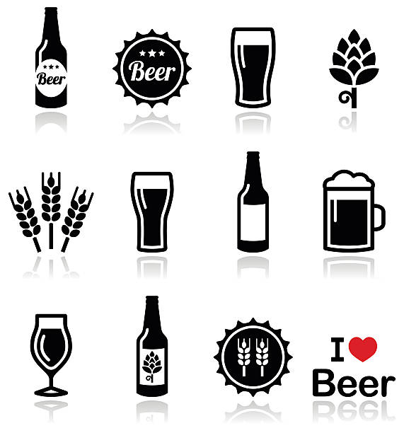 Beer vector icons set - bottle, glass, pint Drinking beer, pub icons set isolated on white  beer stock illustrations