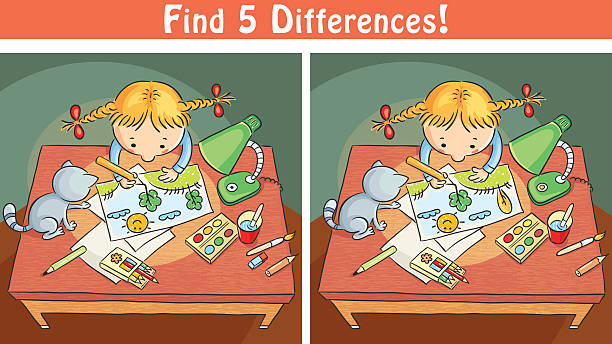 Find differences game with a cartoon girl drawing a picture vector art illustration