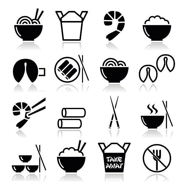 ilustrações, clipart, desenhos animados e ícones de ícones de comida chinesa para viagem - palito de aperitivos