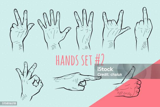 Vector Hand Gesture Set Pencil Drawn Sketch Stock Illustration - Download Image Now - Obscene Gesture, Illustration, Outline