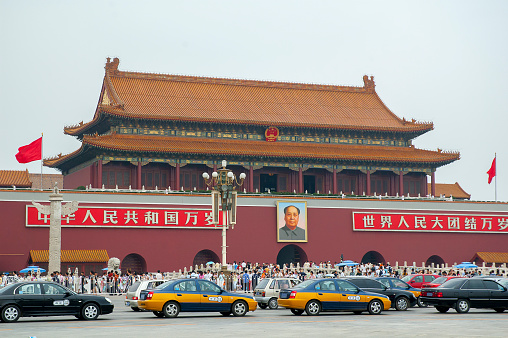 Beijing, China - November 15th 2018: Photo of Tiananmen Square, Gate of Heavenly Peace with Mao's Portrait and guard