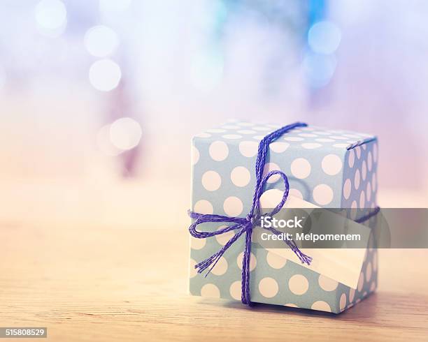 Blue And White Gift Box Stock Photo - Download Image Now - Birthday Present, Label, Birthday