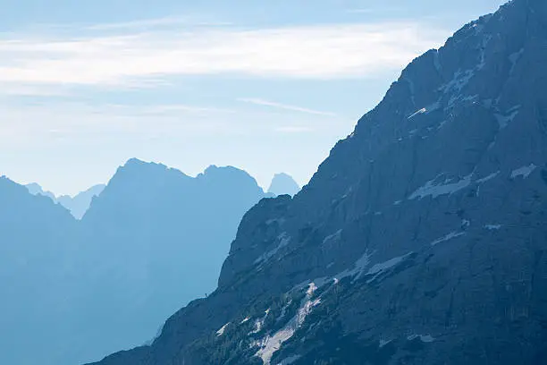 Dolomite peaks, mountains and blue horizon near la Valle Agordina in the Dolomites, Italy.