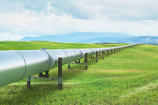 tubería de aceite en verde paisaje - gas pipe material pipe pipeline fotografías e imágenes de stock