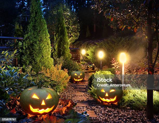 Garden Patio With Jackolanterns Stock Photo - Download Image Now - Halloween, Outdoors, Illuminated