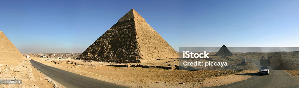 Panorama of the pyramids, Giza Egypt. Cairo - Giza. General view of pyramids from the Giza Plateau (three pyramids known as Queens' Pyramids, in background: the Pyramid of Menkaure /Mykerinos/, Khafre /Chephren/ and Chufu /Cheops/) Giza Stock Photo