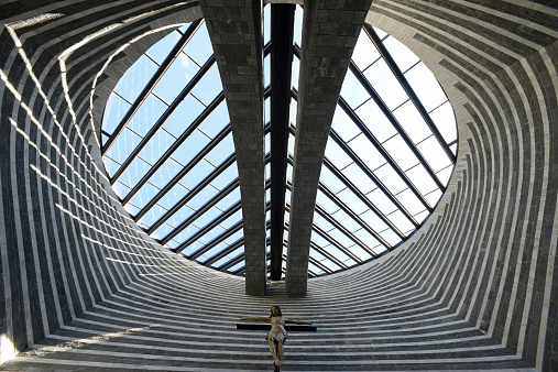 Mogno, Switzerland - September 22, 2014: The modern church of Mogno built by famous architect Mario Botta on Maggia valley on the Swiss alps