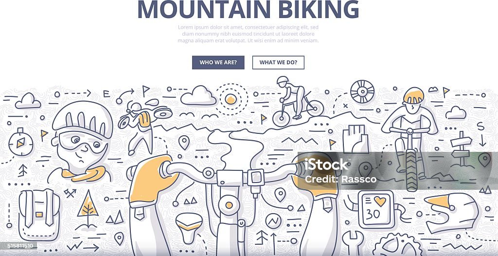 Mountain Biking Doodle Concept Doodle vector illustration of riding outdoor trail in mountains. Concept of mountain biking lifestyle and adventure for web banners, printed materials Cycling stock vector