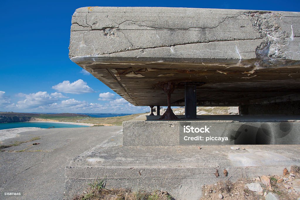German bunker from the Second World War Panorama of a German bunker from the Second World War and the Atlantic Ocean. At the the Pointe de Pen Hir in Brittany. France. Aggression Stock Photo