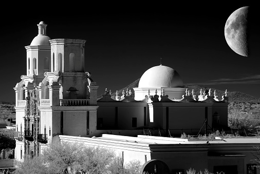 San Xavier Mission and moon in black and white