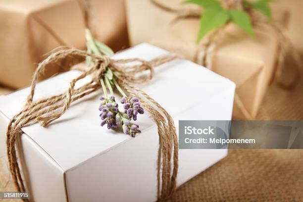 Handmade Gift Box With Lavender Sprig Stock Photo - Download Image Now - Art And Craft, Beige, Birthday