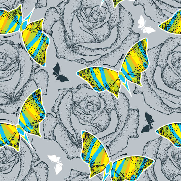 illustrations, cliparts, dessins animés et icônes de motif uniforme rose avec pois et papillons dans des couleurs psychédéliques - moth vector silver floral pattern