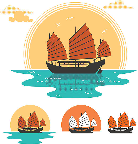 ilustrações, clipart, desenhos animados e ícones de barco de junco - sailing ship passenger ship shipping cruise