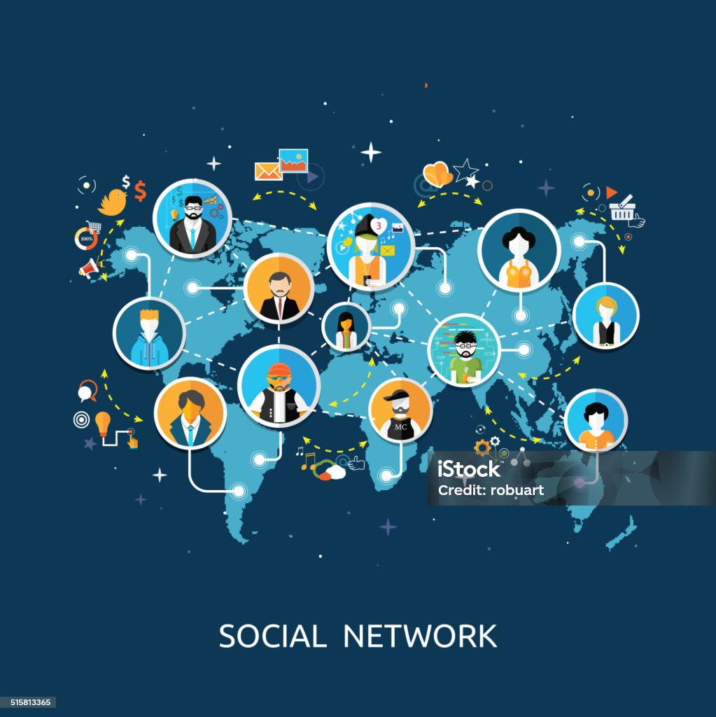 Social media network connection concept Social media network connection concept. People in a social network. Concept for social network in flat design. Globe with many different people's faces Global stock vector