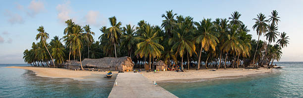 Caribbean island with bamboo huts Basic bamboo huts with thatched roofs on a small caribbean island full of coconut palm trees. One of the  paradise islands of San Blas in the turquoise caribbean sea of Panama. kuna yala stock pictures, royalty-free photos & images