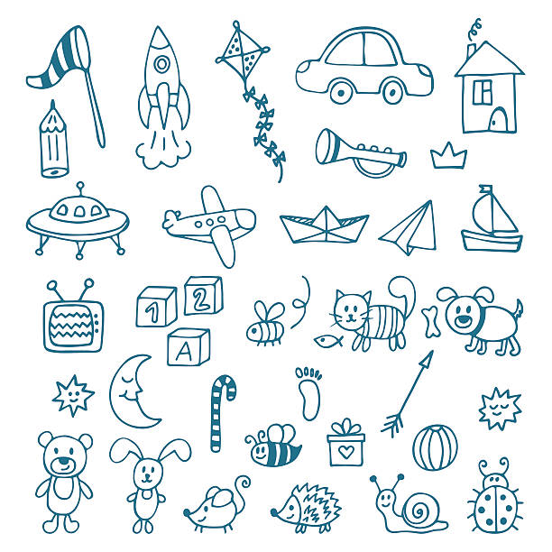 Hand drawn toys for boys. Vector set of different toys Hand drawn toys for boys. Vector set of different toys. Vector illustration small illustrations stock illustrations