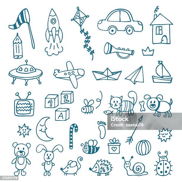 Hand Drawn Toys For Boys Vector Set Of Different Toys Stock Illustration - Download Image Now