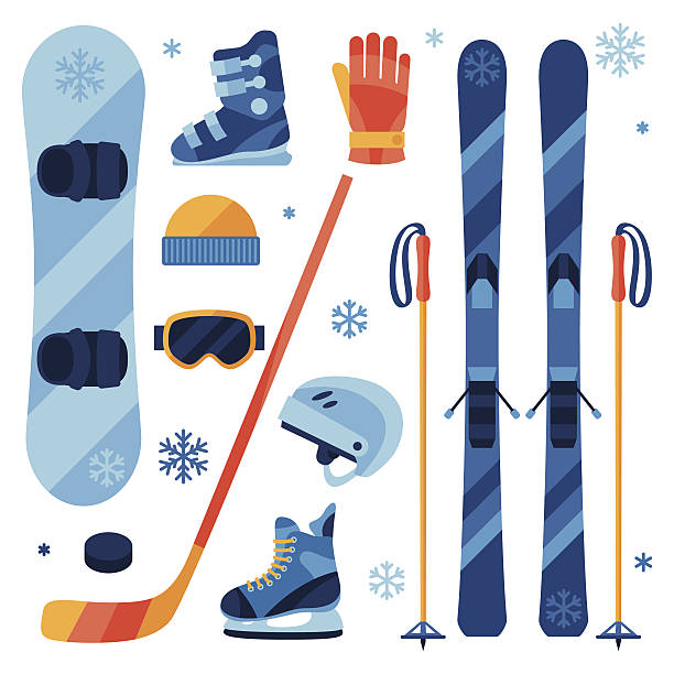 ilustrações de stock, clip art, desenhos animados e ícones de conjunto de ícones de equipamentos de desportos de inverno em estilo flat design. - skiing ski snow extreme sports