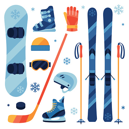 Winter sports equipment icons set in flat design style.