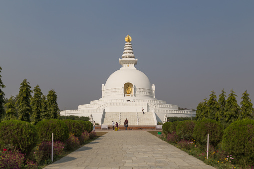 Lumbini, Nepal - November 27, 2014: Photograph of the World Peace Pagoda at Buddhas birthplace Lumbini.