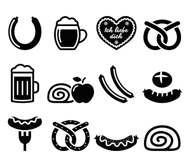 German food - sausage, curry wurst, beer, pretzel, apple strudel Vector icons set of traditional food from Germany isolated on white apple strudel stock illustrations