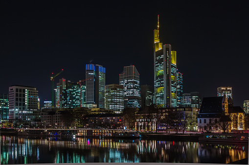 view of Frankfurt downtown from Main river at night, Germany