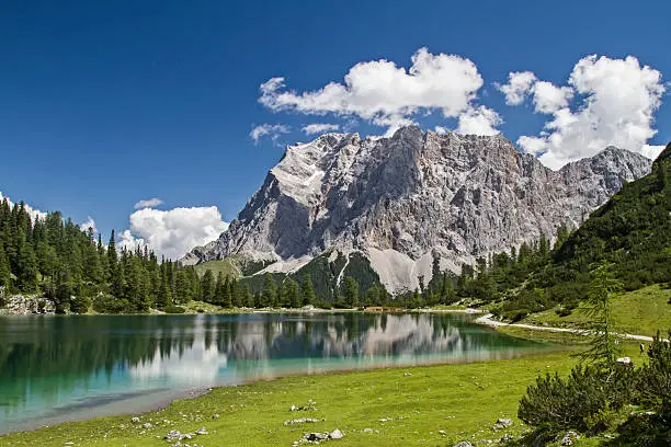 Seeeben lake - green mountain lake in front of the mountain scenery of Mieminger Mountains