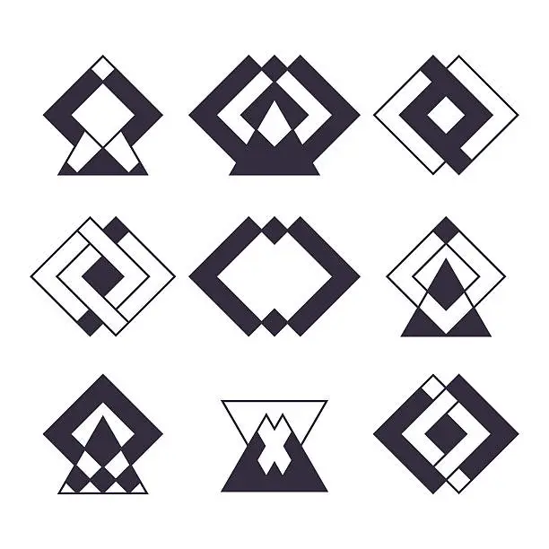 Vector illustration of Set of 9 trendy geometric shapes. Ethnic tattoo. Hipster logotyp