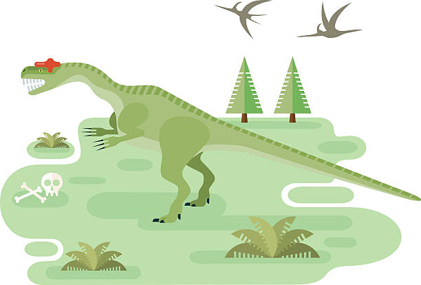 Large Allosaurus Prehistoric carnivore dinosaur with pristine landscape. Extinct animal. Flat vector illustration. lycopodiaceae stock illustrations