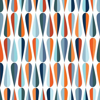 Mid-century modern style retro seamless pattern with drop shapes in various color tones, abstract repeating background for all web and print purposes.