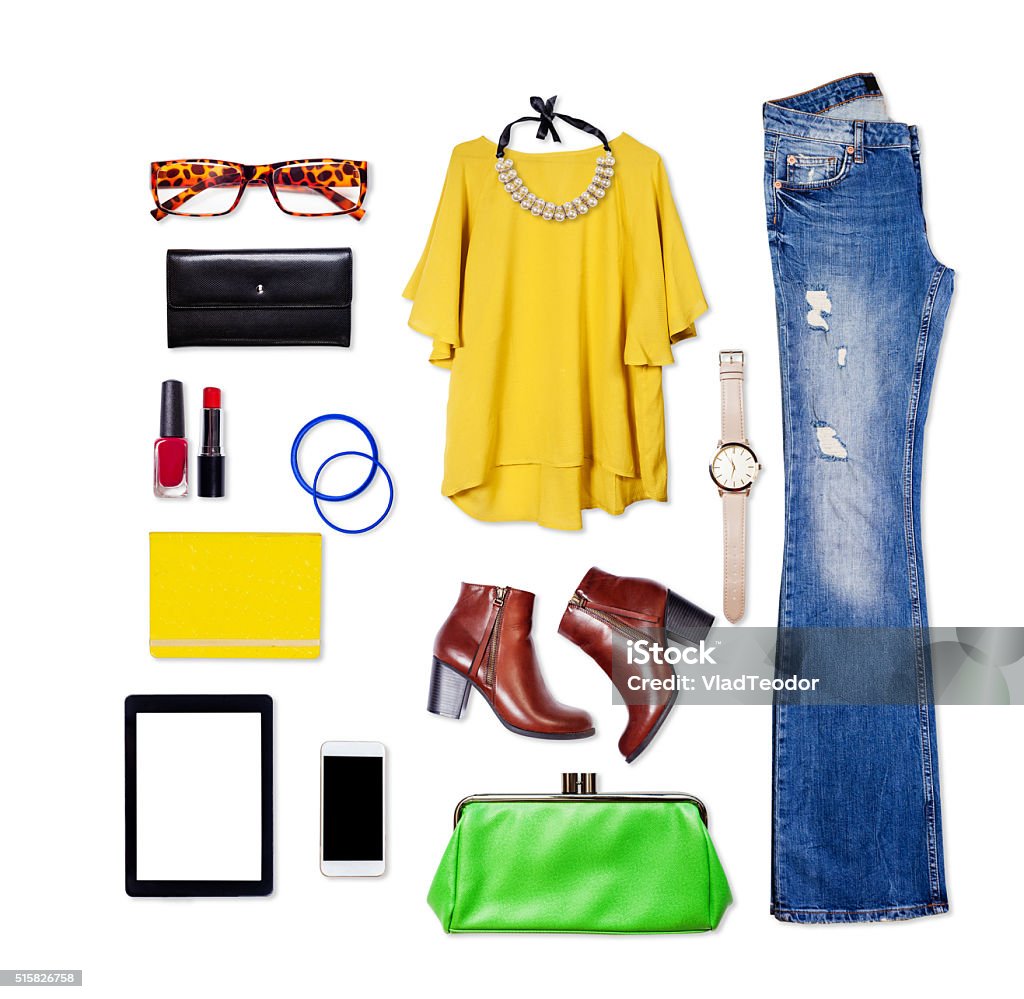 Overhead of essentials elegant woman. Overhead of essentials elegant woman. Outfit of casual and modern woman on isolated white background. Image Montage Stock Photo