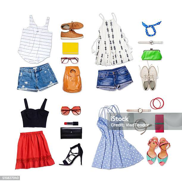 Overhead Of Clothes And Woman Accessories Stock Photo - Download Image Now - Bag, Shoe, Women