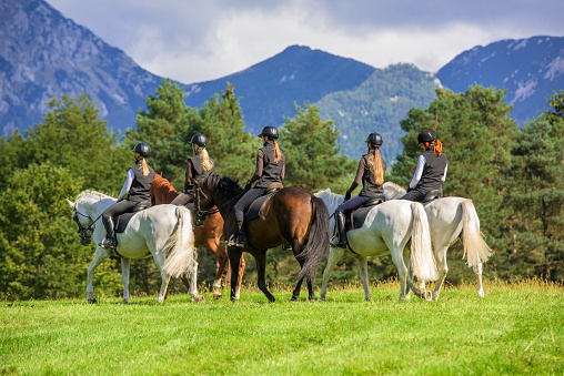 Rear view of group of friends enjoying horseback riding on meadow, women only.