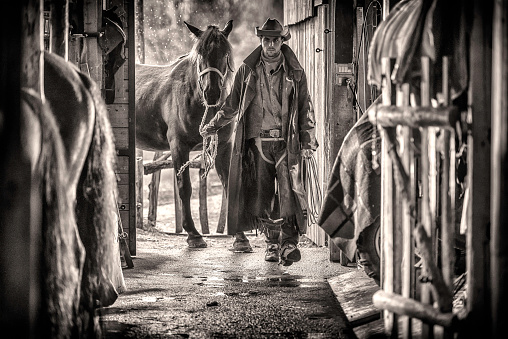 Cowboy leading horse through barn doors, black and white image.