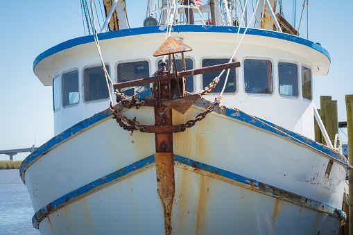 Close-up of cable attached to the bow of a fishing boat. With copy space. Shot with a 35-mm full-frame 61MP Sony A7R IV.