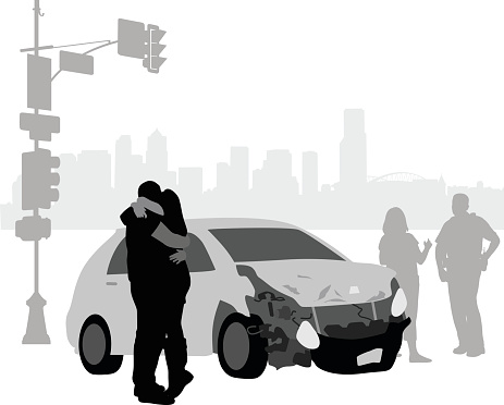 A vector silhouette illustration of an vehicle accident scene with a couple embracing by a crushed car by a stop light and woman talking to a police officer.