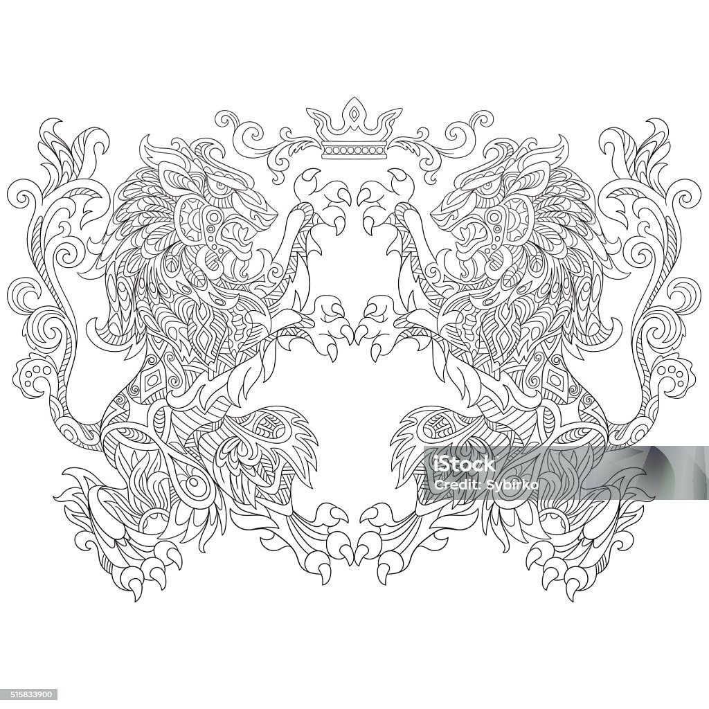 Hand drawn stylized two lions with a crown Hand drawn stylized two cartoon lions with a crown (corona). Sketch for adult antistress coloring pages with design elements for coloring book. Adult stock vector