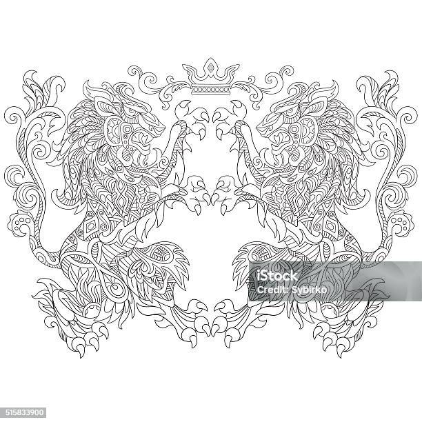 Hand Drawn Stylized Two Lions With A Crown Stock Illustration - Download Image Now - Adult, Coloring, Coloring Book Page - Illlustration Technique
