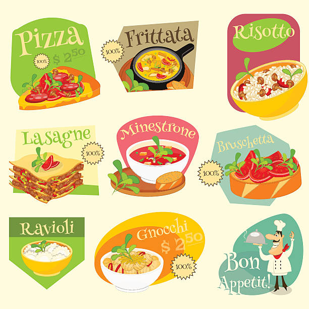 ilustraciones, imágenes clip art, dibujos animados e iconos de stock de comida italiana conjunto de etiquetas de - minestrone