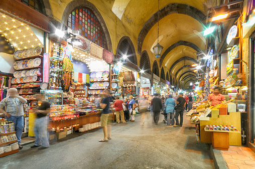 Long exposure image of the Spice Bazaar (Turkish: Misir Carsisi meaning Egyptian Bazaar) in Istanbul, Turkey is one of the largest bazaars in the city. It's located in the Eminönü quarter of the Fatih district.
