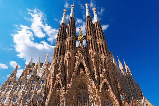 The famous Catholic basilica of the Sagrada Familia in Barcelona, Catalonia, Spain. Designed by Antoni Gaudi. Start of construction, 1882