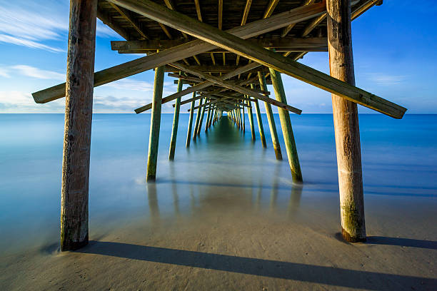 Beneath the Fishing Pier The Bogue Inlet Pier at Emerald Isle, North Carolina is photographed here with a very long exposure. emerald isle north carolina stock pictures, royalty-free photos & images