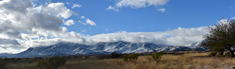 White on the Huachuca Mountains, a fresh dusting of show blankets the hills in the morning sunlight.