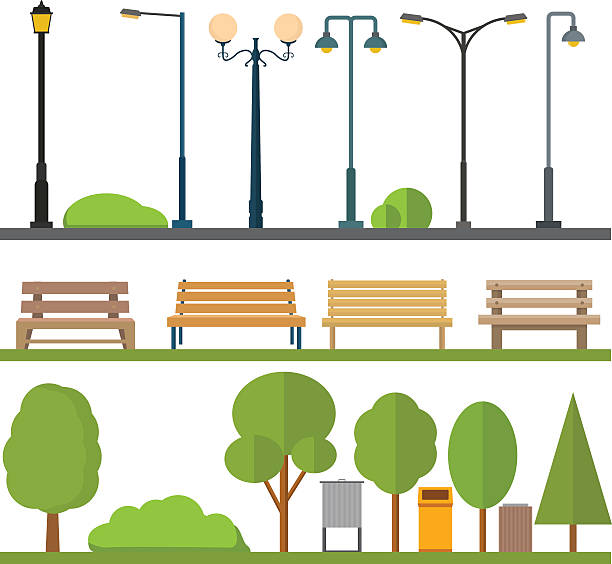 illustrazioni stock, clip art, cartoni animati e icone di tendenza di urbani elementi decorativi - park bench